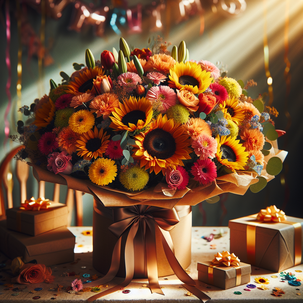 Kolorowy bukiet urodzinowy ze słoneczników i gerber