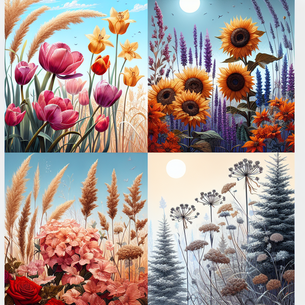 Cztery kompozycje kwiatowe odpowiadające porom roku